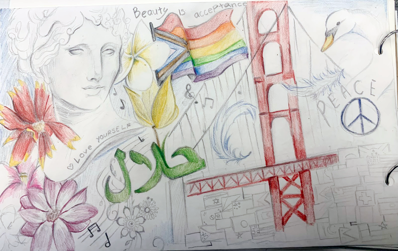 colored pencil drawing of a roman-looking face, flowers, golden gate bridge, feathers, a peace sign, and small flags from different countries